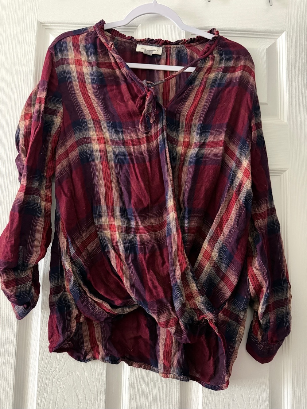Vintage America Tiffany Plaid Surplice Blouse Roll Tab Sleeve Medium